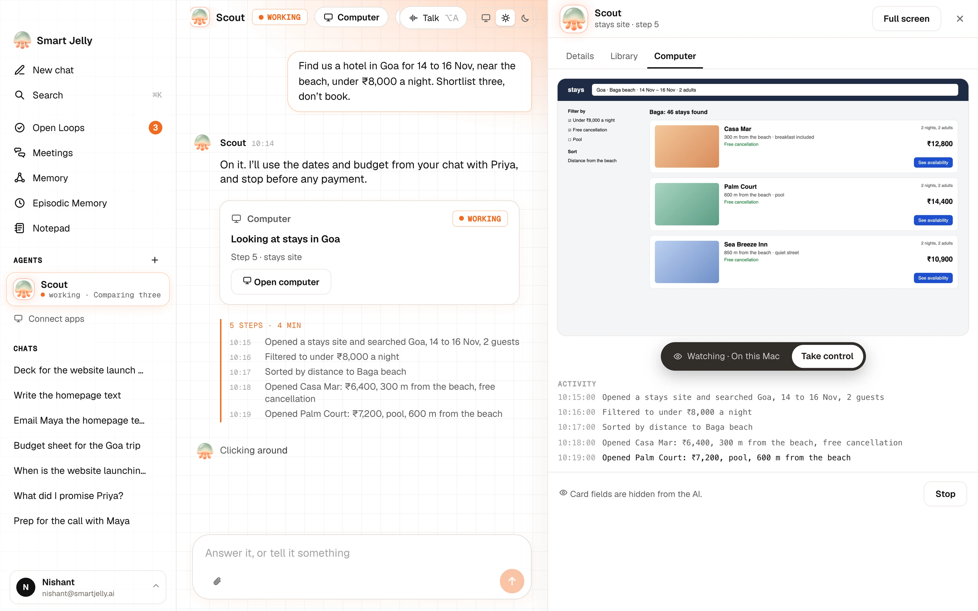 An agent called Scout looking for hotels in Goa: the chat with each step on the left, its browser on the right with Watching and Take control