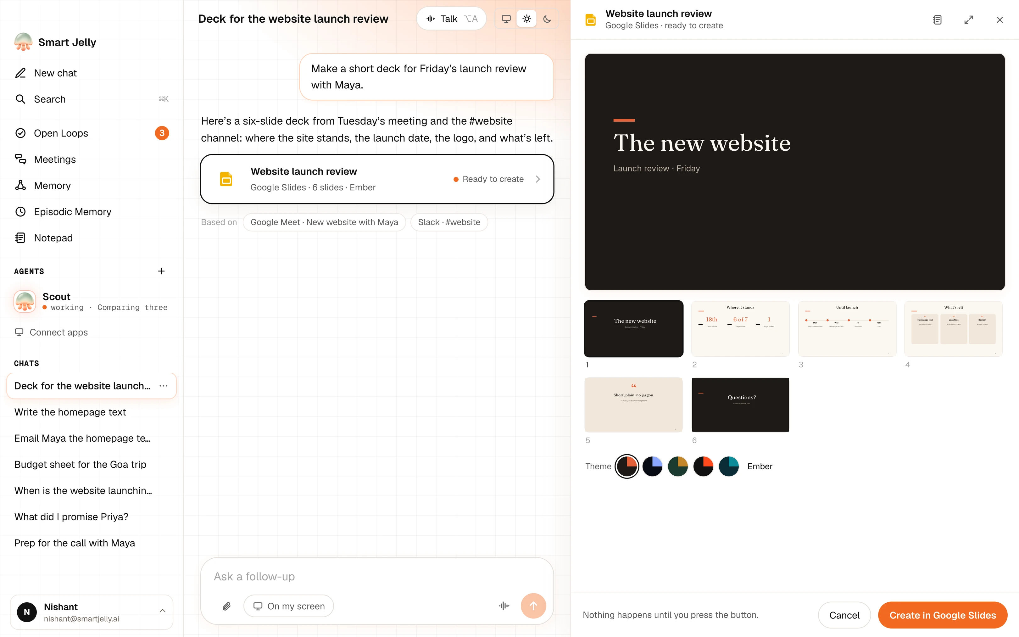 A chat asking for a launch review deck; Jelly made six slides, shown in a side panel with a theme picker and a Create in Google Slides button