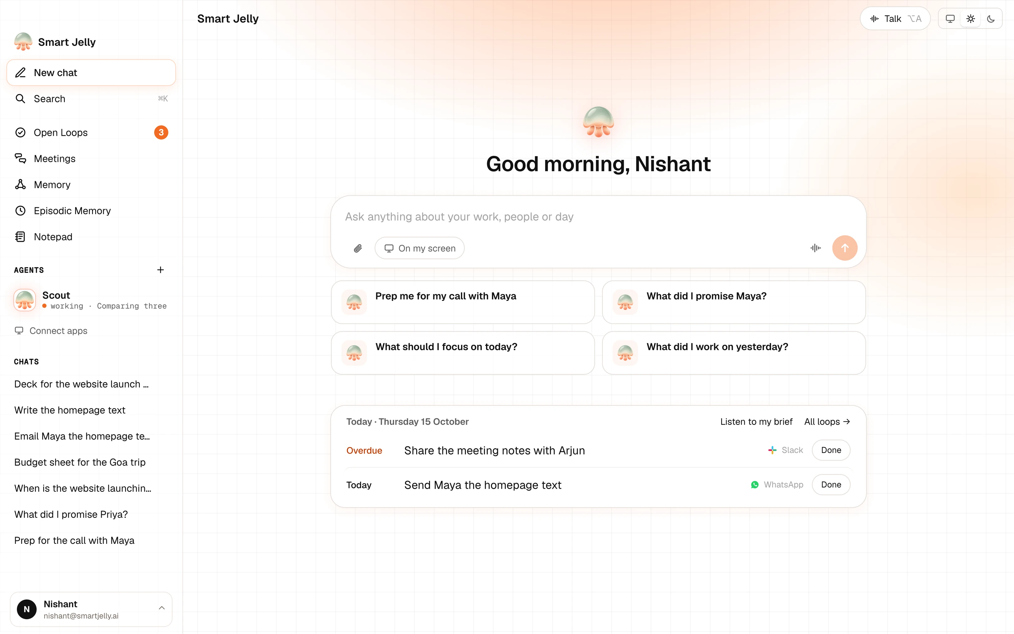 Smart Jelly’s home screen: ask anything about your work, with today’s open items below