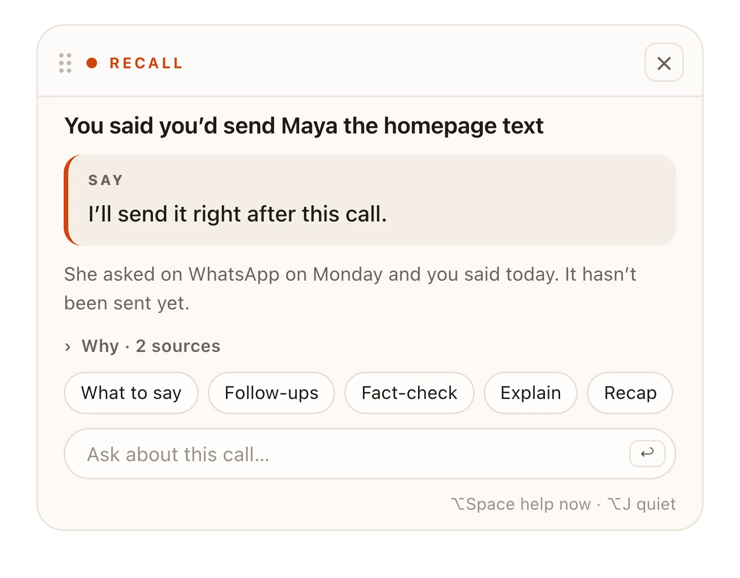 A live assist card: you said you would send Maya the homepage text