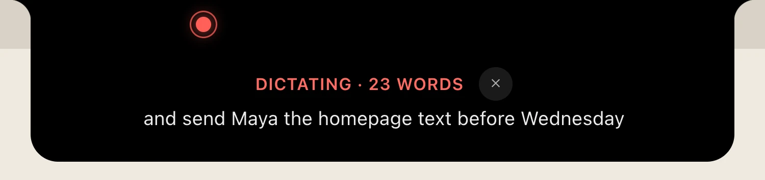 The Smart Jelly notch while dictating: Dictating, 23 words, and the sentence being heard
