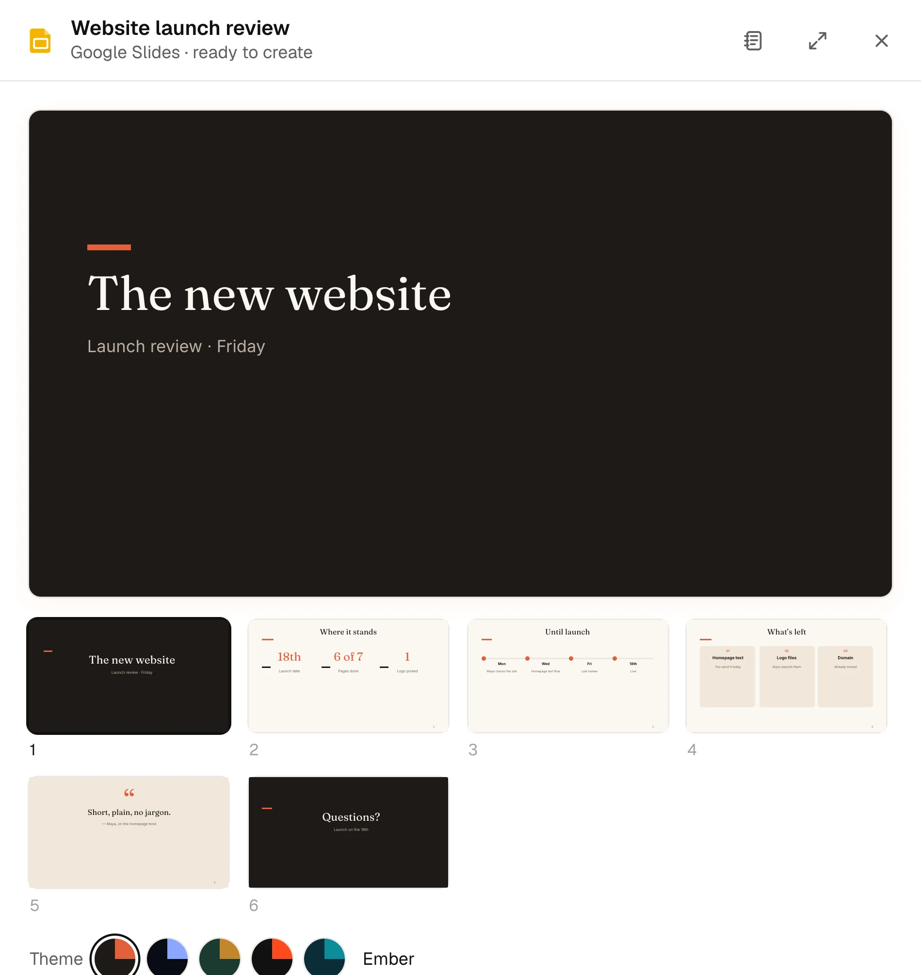 Six slides in the Ember theme, ready to create