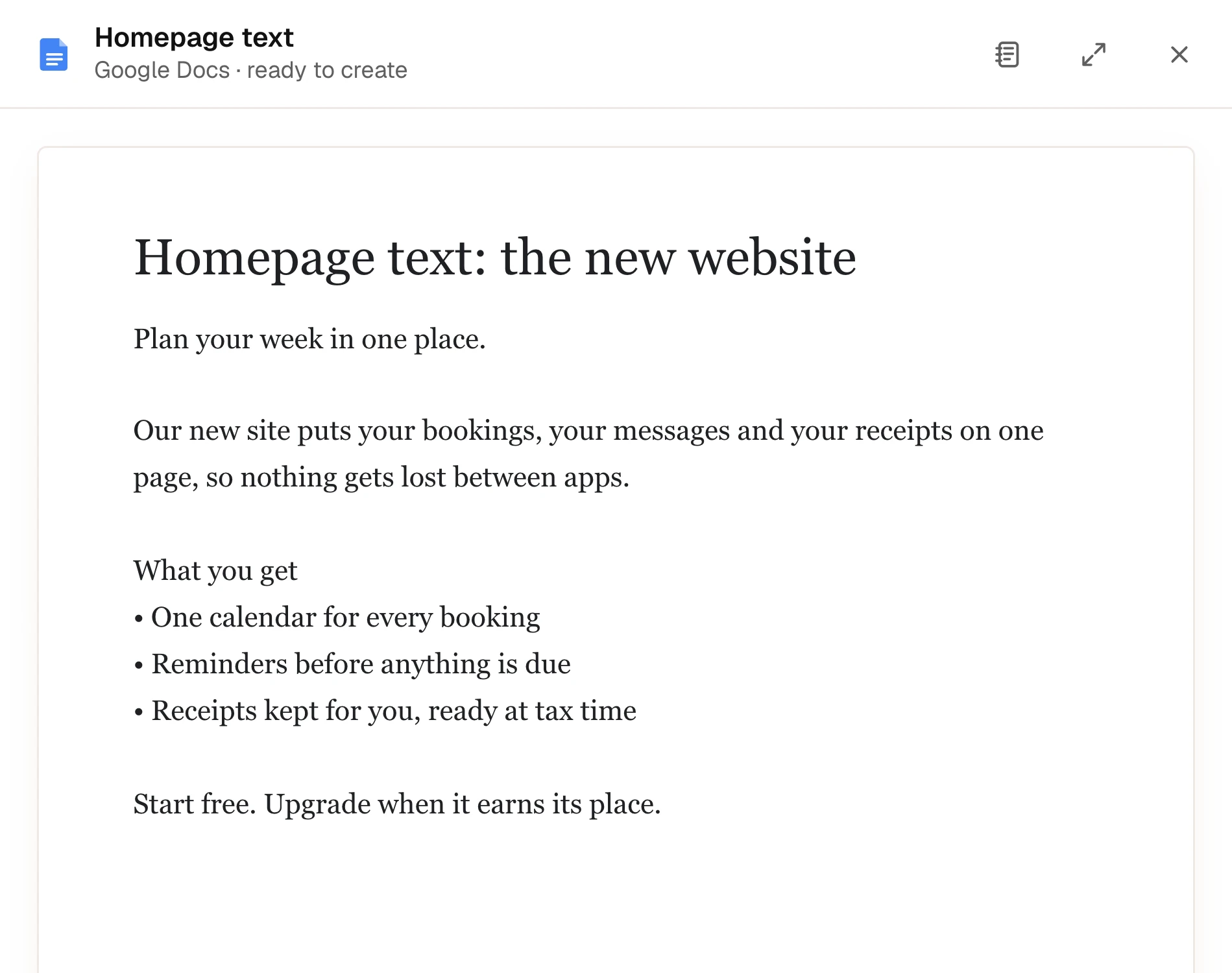 The homepage text as a page, ready to create