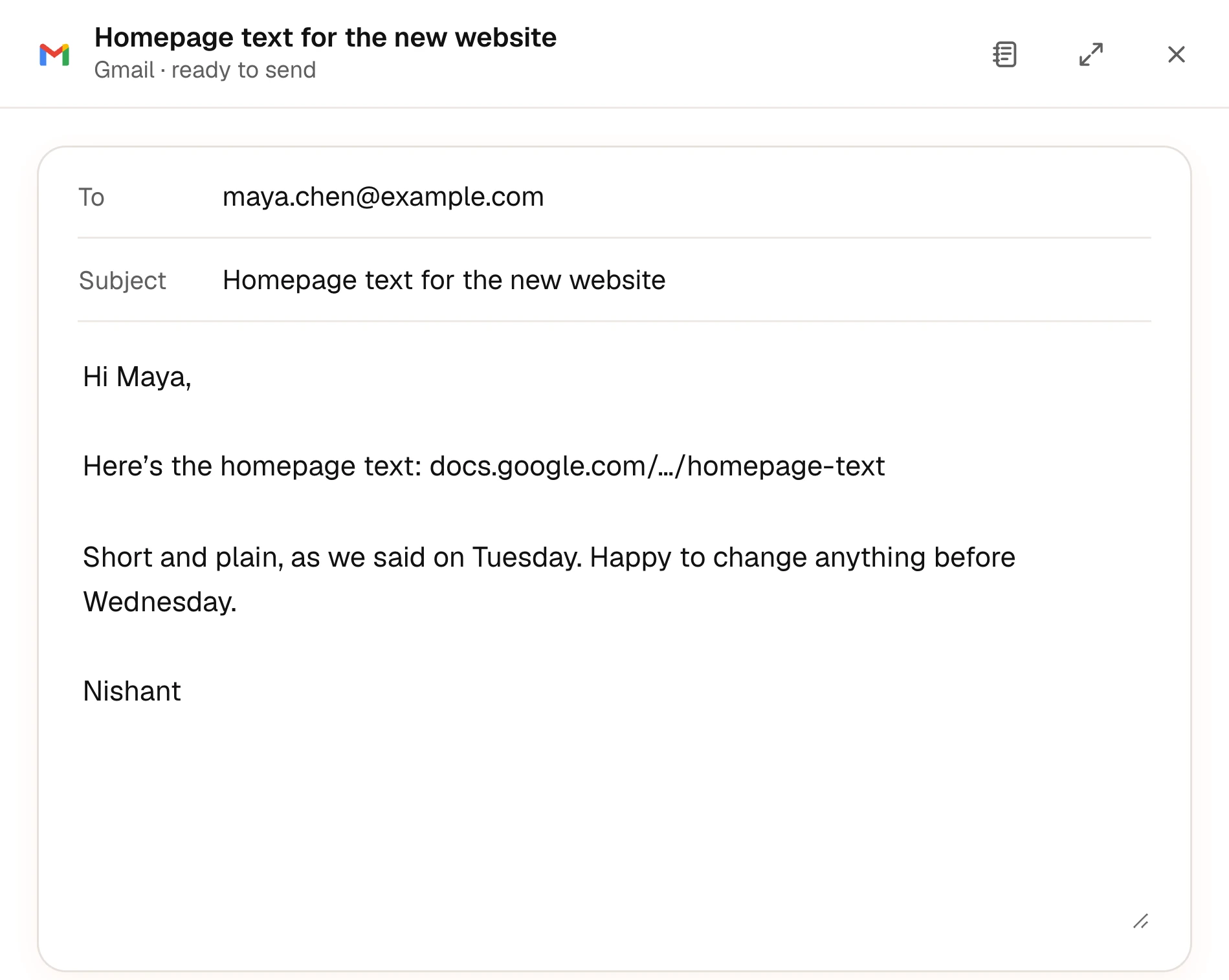 An email to Maya with the doc link, ready to send